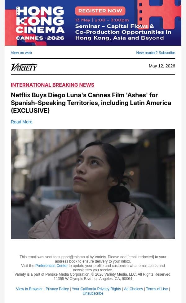 Netflix Buys Diego Luna's Cannes Film 'Ashes' for Spanish-Speaking Territories, including Latin America (EXCLUSIVE) email from Variety screenshot