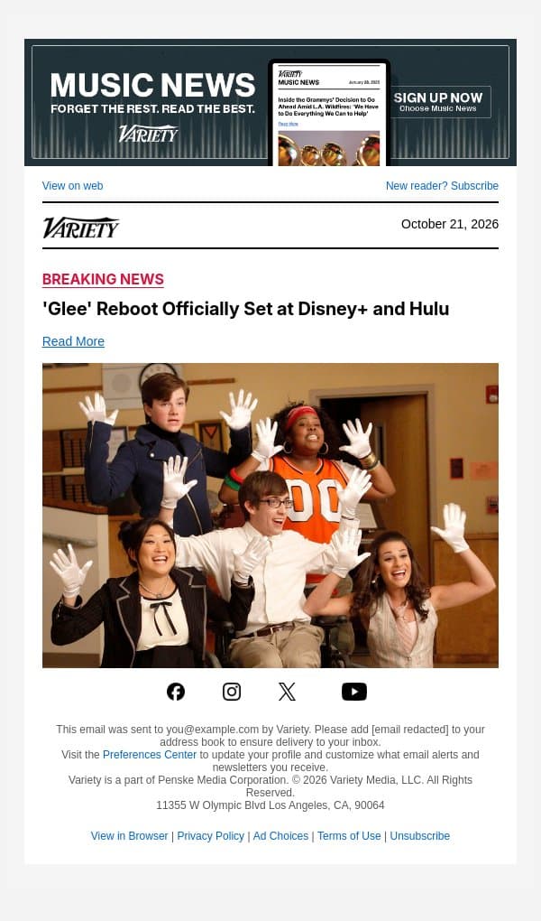 'Glee' Reboot Officially Set at Disney+ and Hulu email from Variety screenshot
