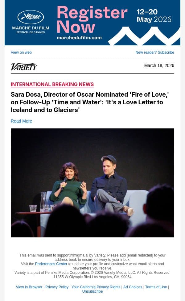Sara Dosa, Director of Oscar Nominated 'Fire of Love,' on Follow-Up 'Time and Water': 'It's a Love Letter to Iceland and to Glaciers' email from Variety screenshot