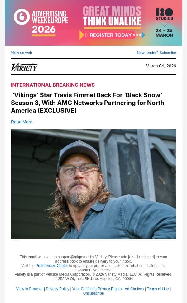 ‘Vikings’ Star Travis Fimmel Back For ‘Black Snow’ Season 3, With AMC Networks Partnering for North America (EXCLUSIVE) email from Variety screenshot