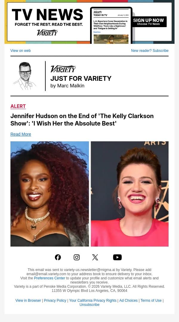 Jennifer Hudson on the End of 'The Kelly Clarkson Show': 'I Wish Her the Absolute Best' email from Variety screenshot