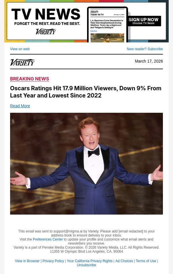 Oscars Ratings Hit 17.9 Million Viewers, Down 9% From Last Year and Lowest Since 2022 email from Variety screenshot