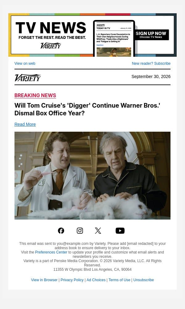 Will Tom Cruise's 'Digger' Continue Warner Bros.' Dismal Box Office Year? email from Variety screenshot
