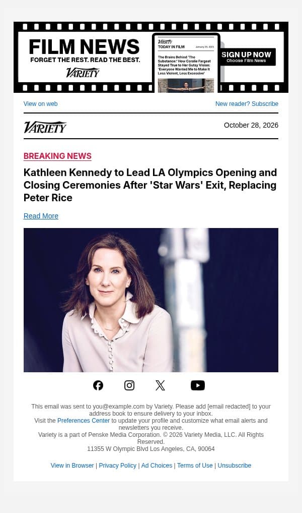 Kathleen Kennedy to Lead LA Olympics Opening and Closing Ceremonies After 'Star Wars' Exit, Replacing Peter Rice email from Variety screenshot