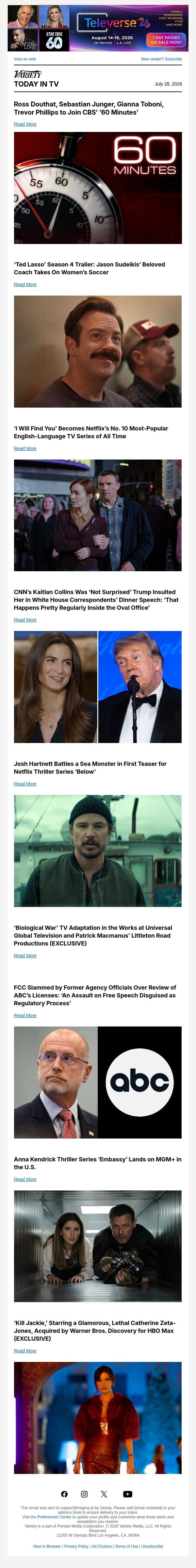 New '60 Minutes' Hires; ‘Ted Lasso’ S4 Trailer; ‘I Will Find You’ Netflix Ratings email from Variety screenshot