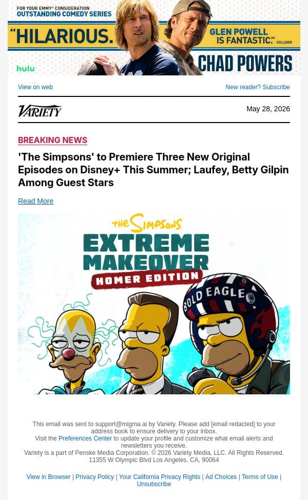 'The Simpsons' to Premiere Three New Original Episodes on Disney+ This Summer; Laufey, Betty Gilpin Among Guest Stars email from Variety screenshot
