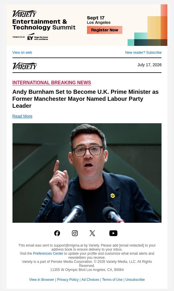 Andy Burnham Set to Become U.K. Prime Minister as Former Manchester Mayor Named Labour Party Leader email from Variety screenshot