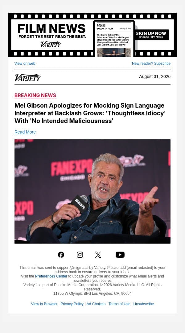 Mel Gibson Apologizes for Mocking Sign Language Interpreter at Backlash Grows: 'Thoughtless Idiocy' With 'No Intended Maliciousness' email from Variety screenshot
