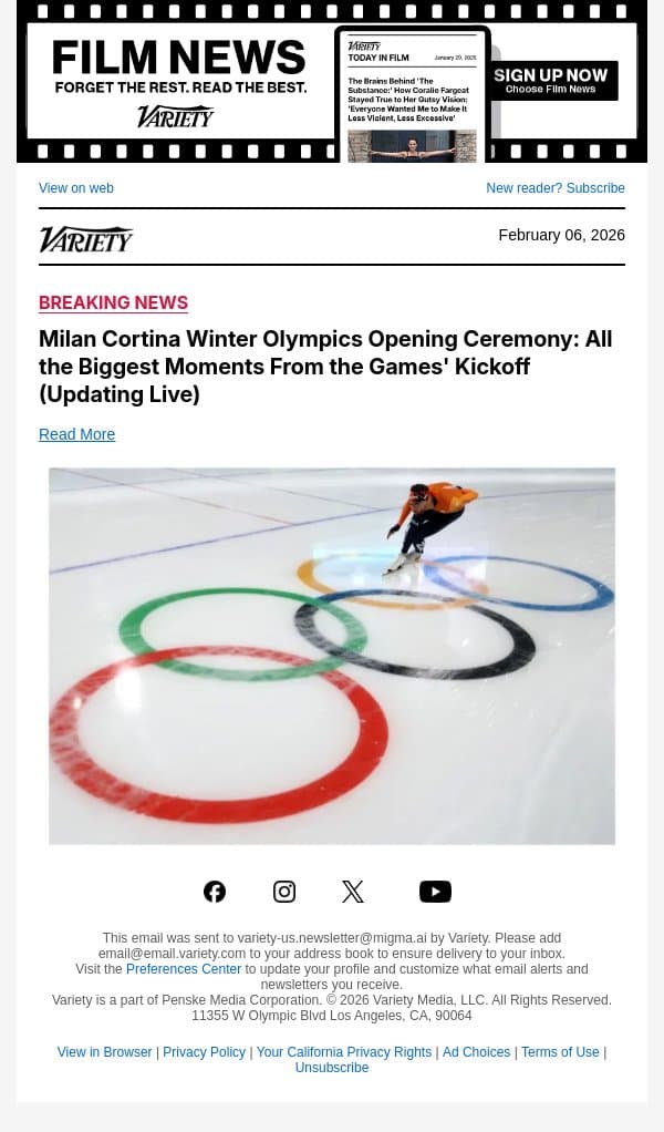 Milan Cortina Winter Olympics Opening Ceremony: All the Biggest Moments From the Games' Kickoff (Updating Live) email from Variety screenshot