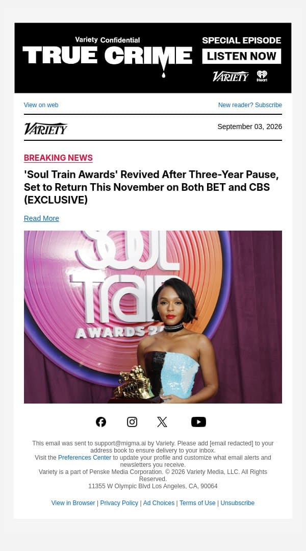 'Soul Train Awards' Revived After Three-Year Pause, Set to Return This November on Both BET and CBS (EXCLUSIVE) email from Variety screenshot