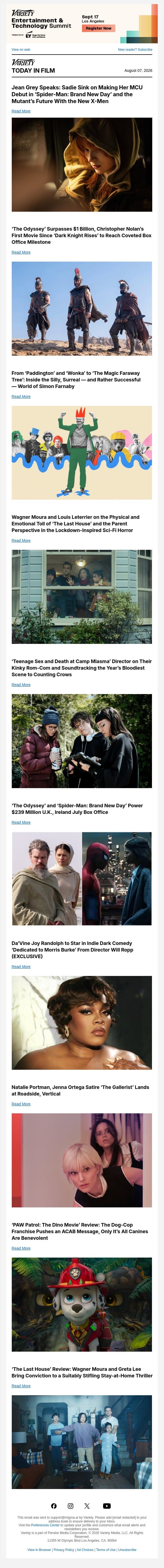 Sadie Sink Interview; 'The Odyssey' Hits a Billion; Inside Simon Farnaby's Surreal World email from Variety screenshot