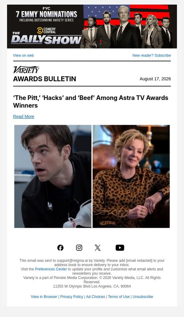 ‘The Pitt,’ ‘Hacks’ and ‘Beef’ Among Astra TV Awards Winners email from Variety screenshot