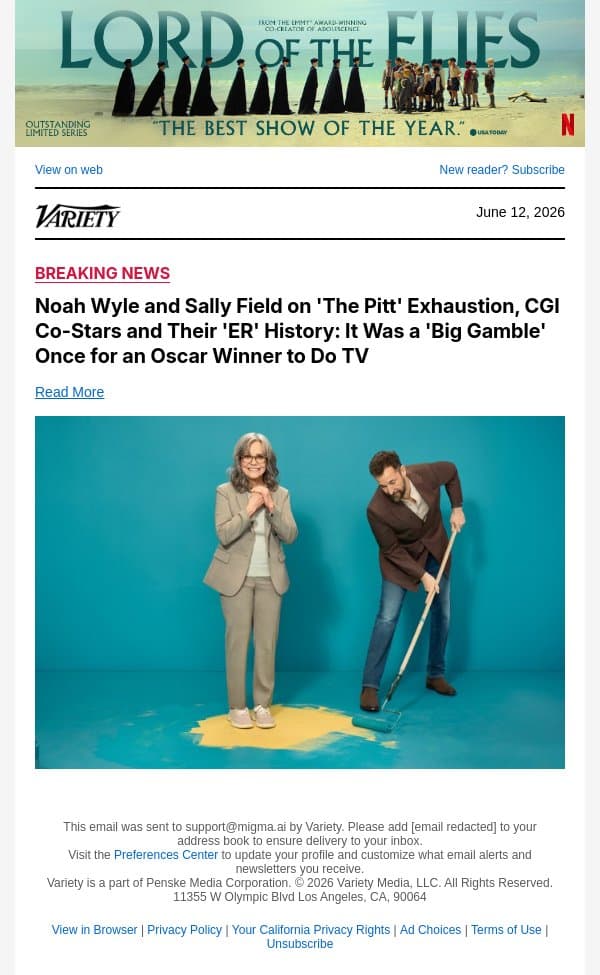 Noah Wyle and Sally Field on 'The Pitt' Exhaustion, CGI Co-Stars and Their 'ER' History: It Was a 'Big Gamble' Once for an Oscar Winner to Do TV email from Variety screenshot