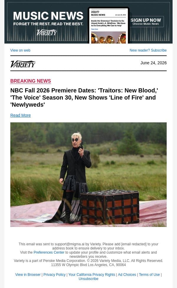 NBC Fall 2026 Premiere Dates: 'Traitors: New Blood,' 'The Voice' Season 30, New Shows 'Line of Fire' and 'Newlyweds' email from Variety screenshot