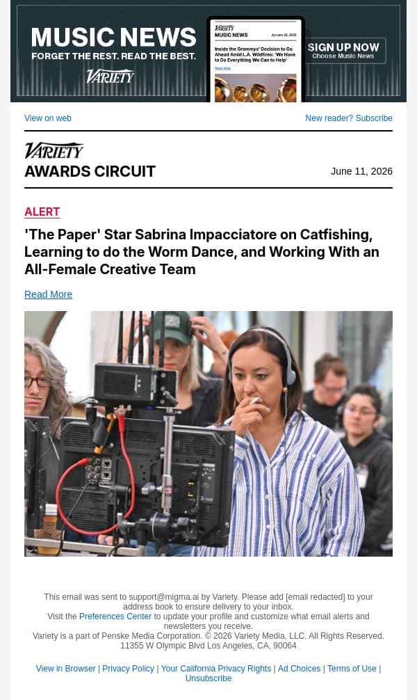 'The Paper' Star Sabrina Impacciatore on Catfishing, Learning to do the Worm Dance, and Working With an All-Female Creative Team email from Variety screenshot