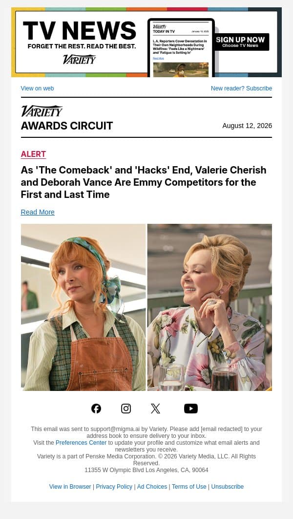 As 'The Comeback' and 'Hacks' End, Valerie Cherish and Deborah Vance Are Emmy Competitors for the First and Last Time email from Variety screenshot