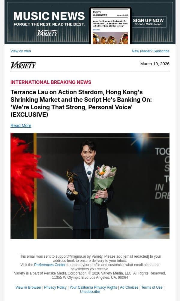 Terrance Lau on Action Stardom, Hong Kong's Shrinking Market and the Script He's Banking On: 'We're Losing That Strong, Personal Voice' (EXCLUSIVE) email from Variety screenshot