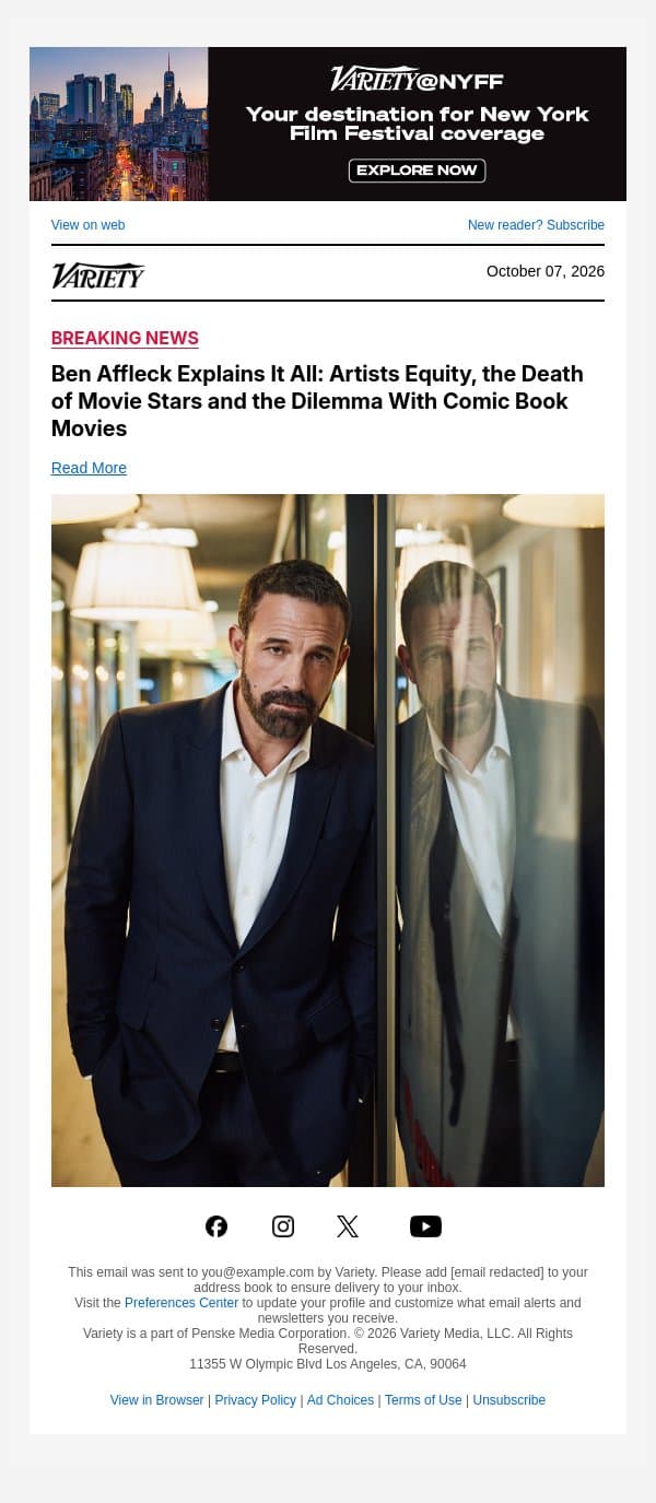 COVER STORY | Ben Affleck Explains It All: Artists Equity, the Death of Movie Stars and the Dilemma With Comic Book Movies email from Variety screenshot