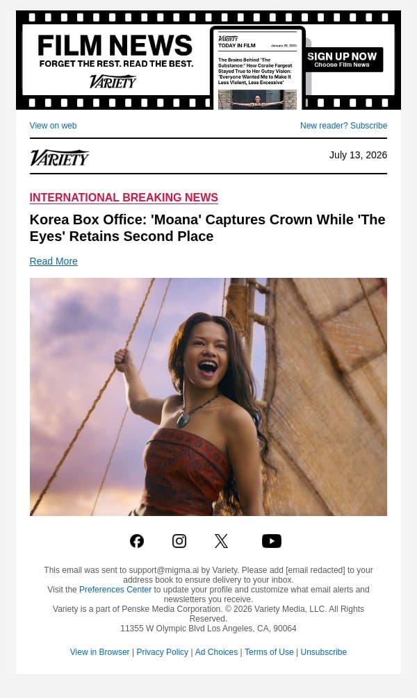 Korea Box Office: 'Moana' Captures Crown While 'The Eyes' Retains Second Place email from Variety screenshot