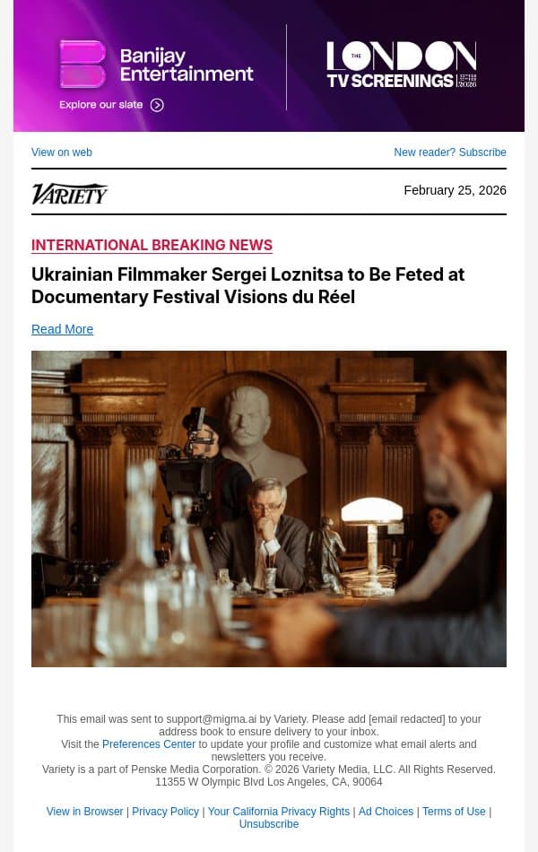 Ukrainian Filmmaker Sergei Loznitsa to Be Feted at Documentary Festival Visions du Réel email from Variety screenshot
