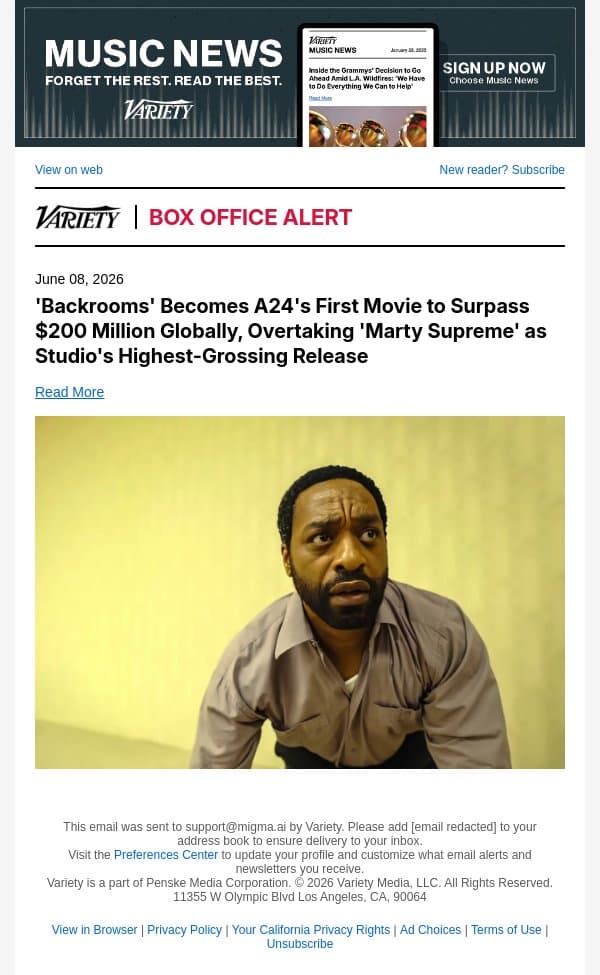 'Backrooms' Becomes A24's First Movie to Surpass $200 Million Globally, Overtaking 'Marty Supreme' as Studio's Highest-Grossing Release email from Variety screenshot