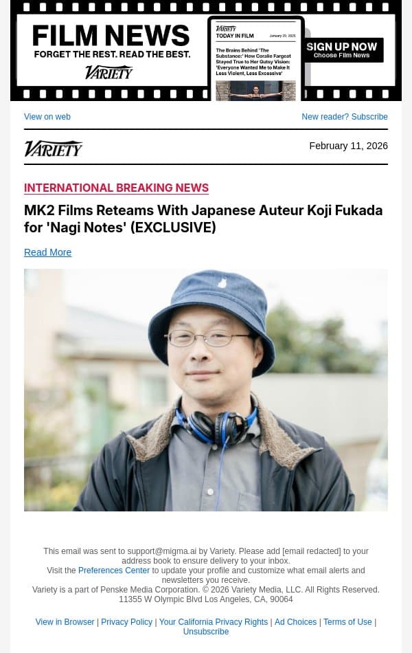 MK2 Films Reteams With Japanese Auteur Koji Fukada for 'Nagi Notes' (EXCLUSIVE) email from Variety screenshot