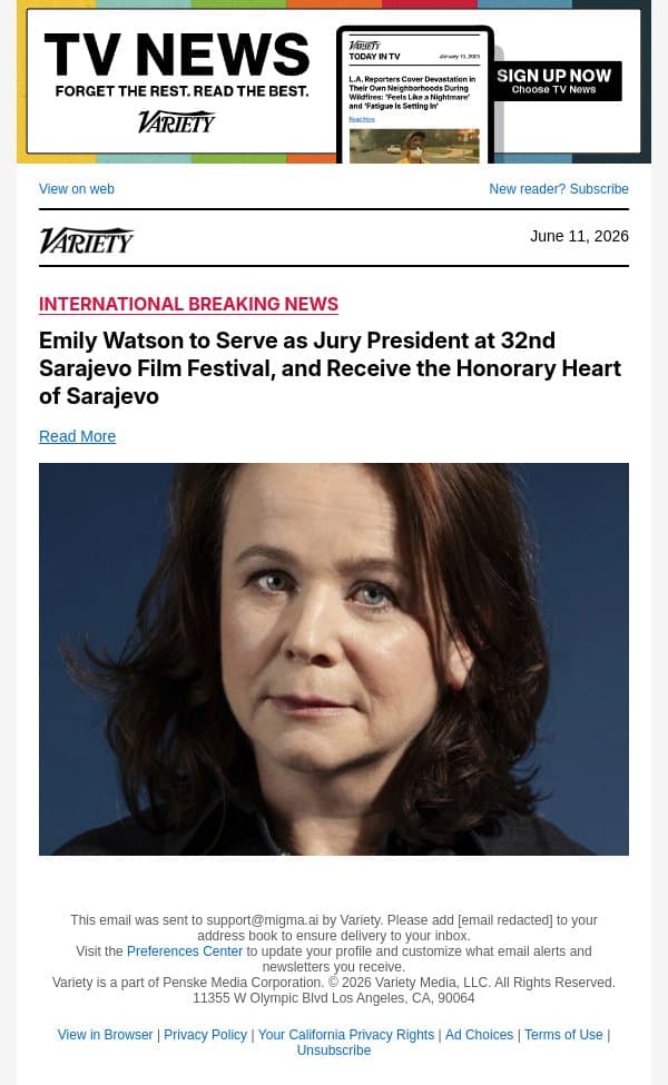 Emily Watson to Serve as Jury President at 32nd Sarajevo Film Festival, and Receive the Honorary Heart of Sarajevo email from Variety screenshot