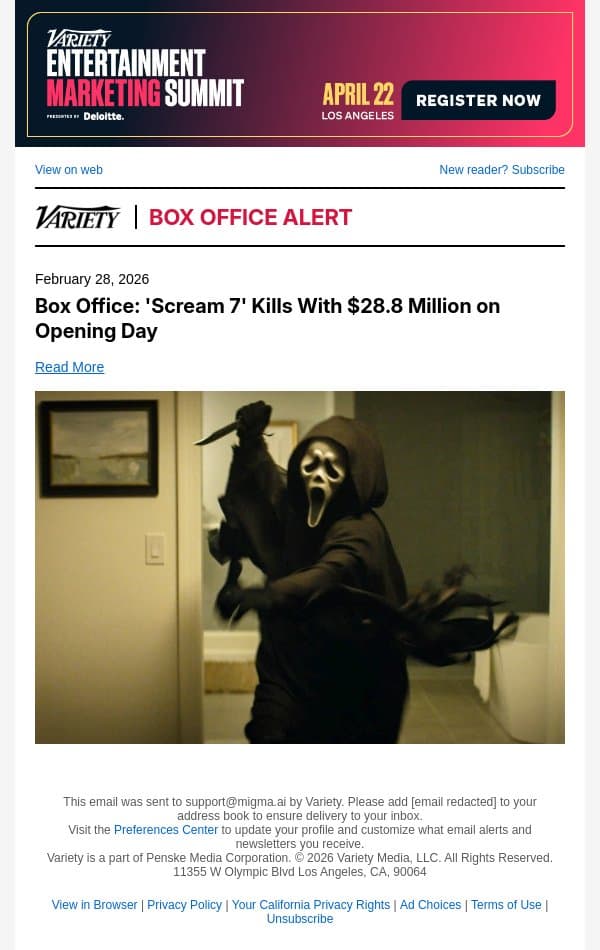 Box Office: 'Scream 7' Kills With $28.8 Million on Opening Day email from Variety screenshot