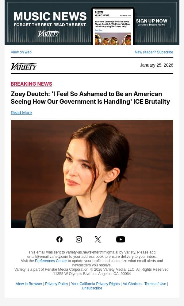 Zoey Deutch: 'I Feel So Ashamed to Be an American Seeing How Our Government Is Handling' ICE Brutality email from Variety screenshot