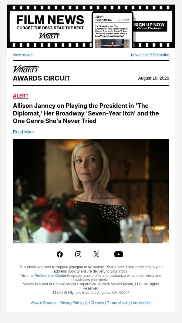 Allison Janney on Playing the President in 'The Diplomat,' Her Broadway 'Seven-Year Itch' and the One Genre She's Never Tried email from Variety screenshot