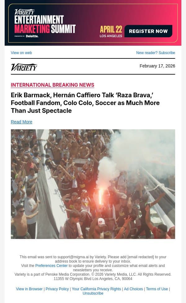 Erik Barmack, Hernán Caffiero Talk ‘Raza Brava,’ Football Fandom, Colo Colo, Soccer as Much More Than Just Spectacle email from Variety screenshot