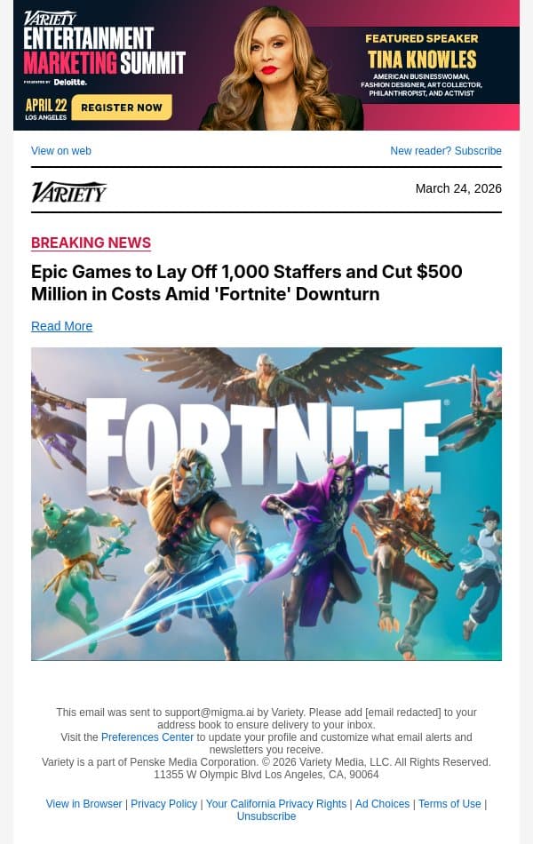 Epic Games to Lay Off 1,000 Staffers and Cut $500 Million in Costs Amid 'Fortnite' Downturn email from Variety screenshot