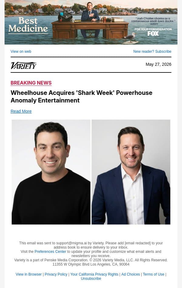 Wheelhouse Acquires 'Shark Week' Powerhouse Anomaly Entertainment email from Variety screenshot