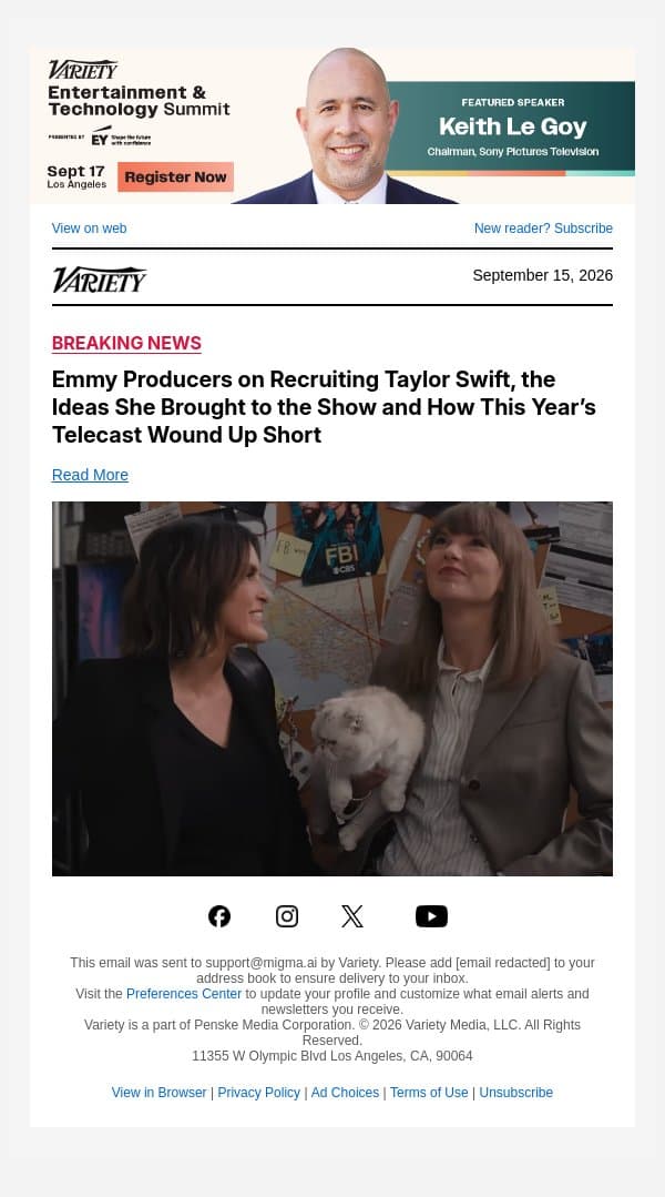 Emmy Producers on Recruiting Taylor Swift, the Ideas She Brought to the Show and How This Year’s Telecast Wound Up Short email from Variety screenshot