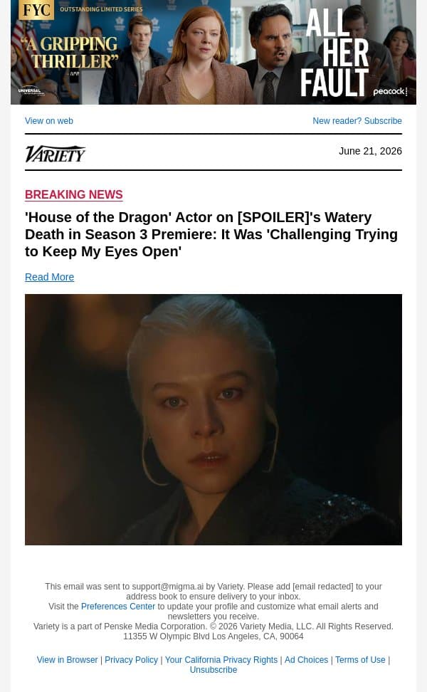 'House of the Dragon' Actor on [SPOILER]'s Watery Death in Season 3 Premiere: It Was 'Challenging Trying to Keep My Eyes Open' email from Variety screenshot