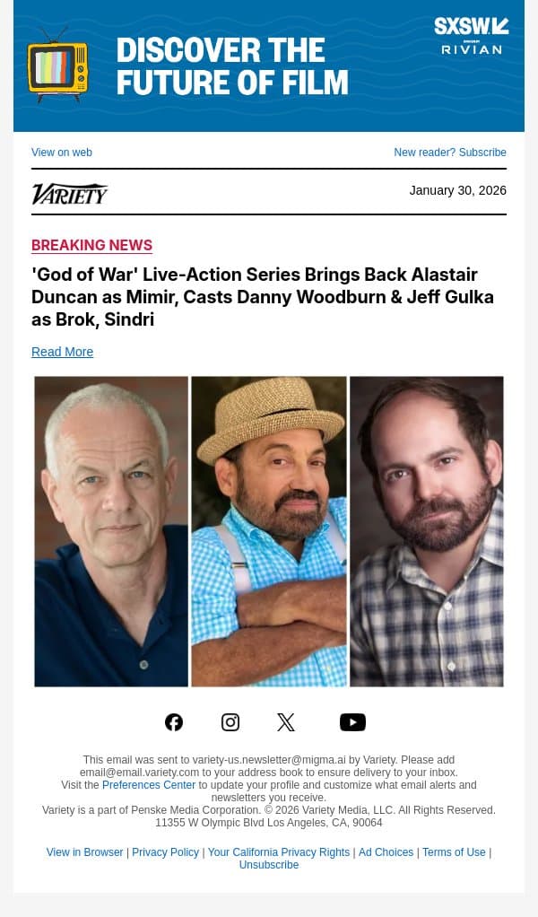 'God of War' Live-Action Series Brings Back Alastair Duncan as Mimir, Casts Danny Woodburn and Jeff Gulka as Brok, Sindri email from Variety screenshot