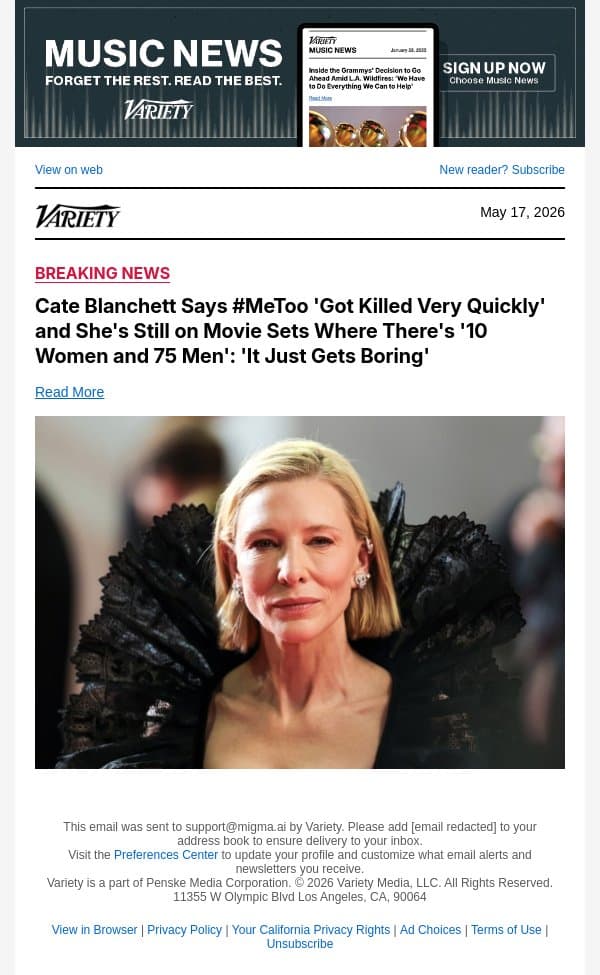 Cate Blanchett Says #MeToo 'Got Killed Very Quickly' and She's Still on Movie Sets Where There's '10 Women and 75 Men': 'It Just Gets Boring' email from Variety screenshot