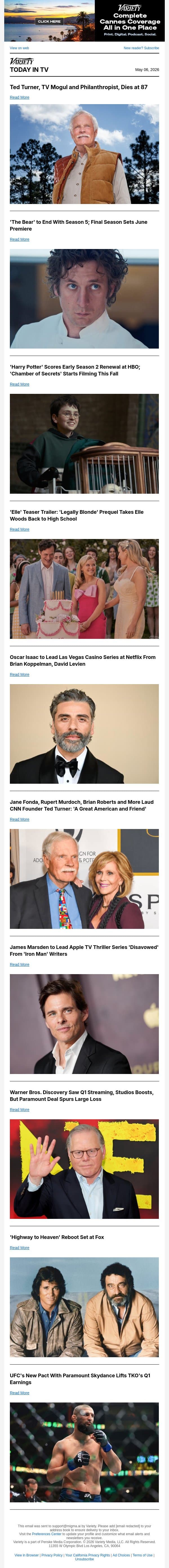 Ted Turner Dies; 'The Bear' to End With S5; 'Harry Potter' Scores Early Renewal email from Variety screenshot