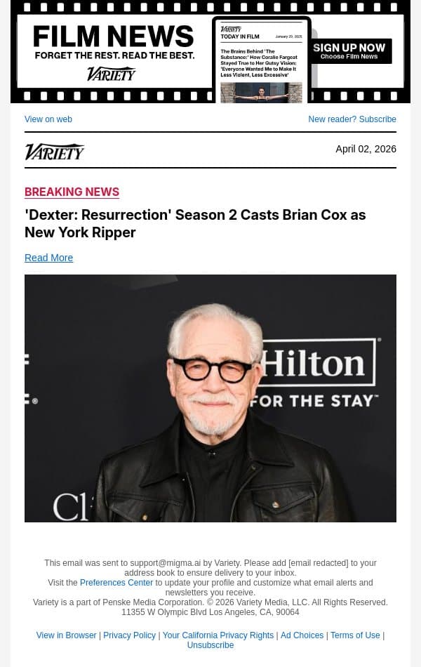 'Dexter: Resurrection' Season 2 Casts Brian Cox as New York Ripper email from Variety screenshot
