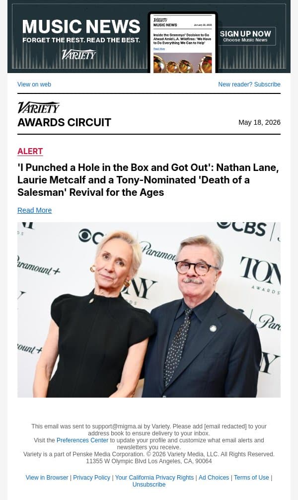 'I Punched a Hole in the Box and Got Out': Nathan Lane, Laurie Metcalf and a Tony-Nominated 'Death of a Salesman' Revival for the Ages email from Variety screenshot