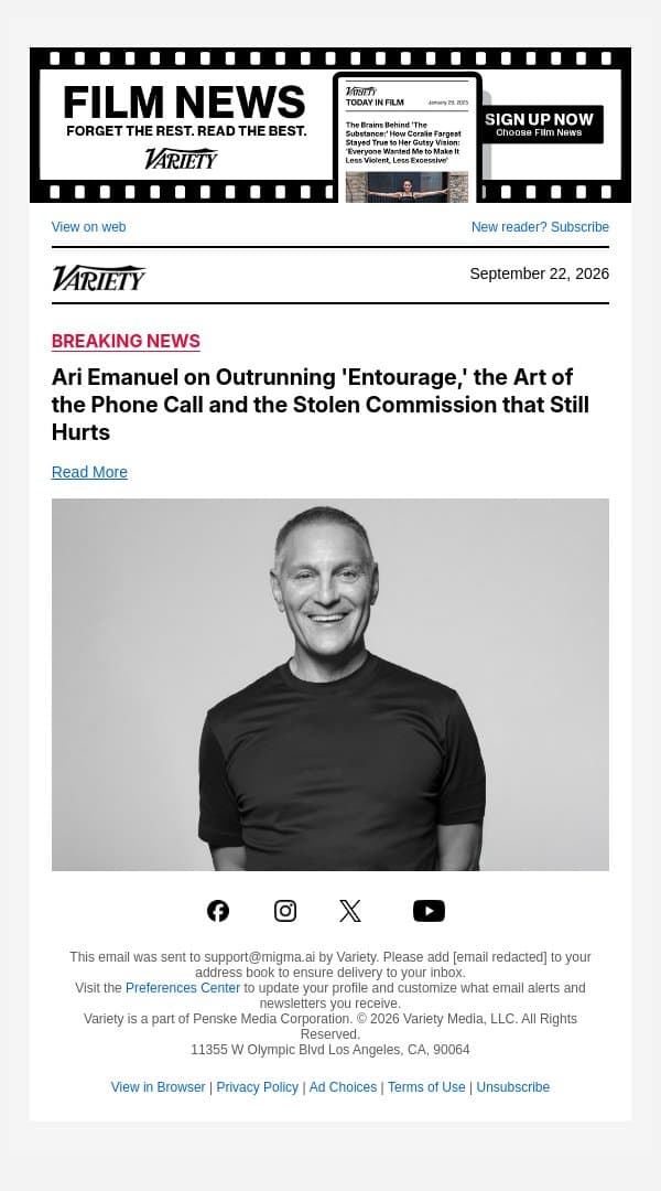 Ari Emanuel on Outrunning 'Entourage,' the Art of the Phone Call and the Stolen Commission that Still Hurts email from Variety screenshot