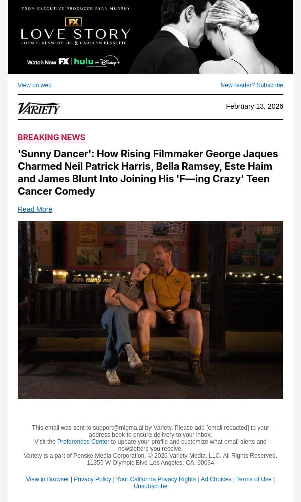 'Sunny Dancer': How Rising Filmmaker George Jaques Charmed Neil Patrick Harris, Bella Ramsey, Este Haim and James Blunt Into Joining His 'F—ing Crazy' Teen Cancer Comedy email from Variety screenshot