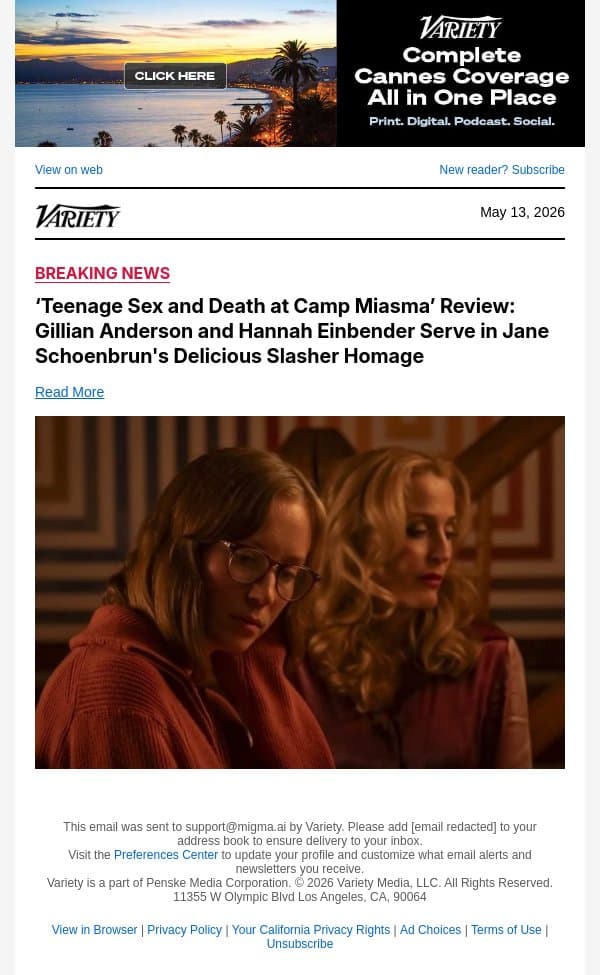 ‘Teenage Sex and Death at Camp Miasma’ Review: Gillian Anderson and Hannah Einbender Serve in Jane Schoenbrun's Delicious Slasher Homage email from Variety screenshot