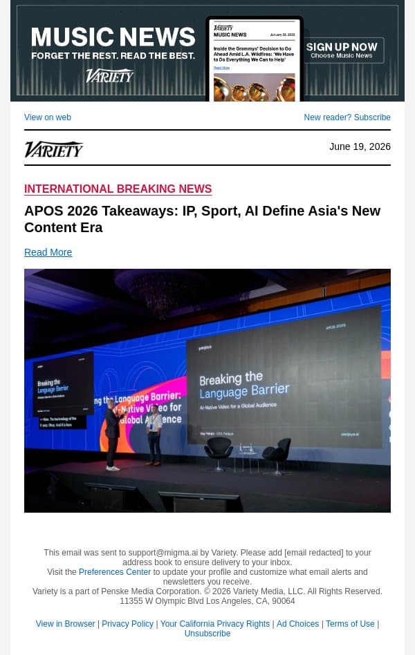 APOS 2026 Takeaways: IP, Sport, AI Define Asia's New Content Era email from Variety screenshot