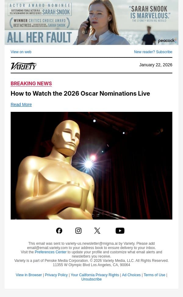 How to Watch the 2026 Oscar Nominations Live email from Variety screenshot