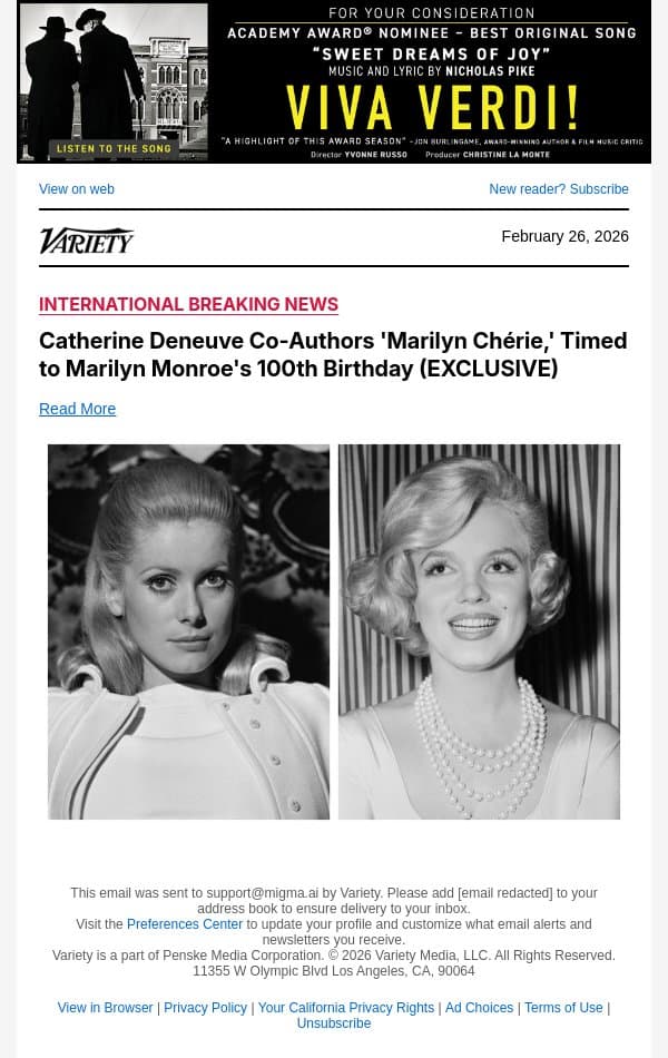 Catherine Deneuve Co-Authors 'Marilyn Chérie,' Timed to Marilyn Monroe's 100th Birthday (EXCLUSIVE) email from Variety screenshot