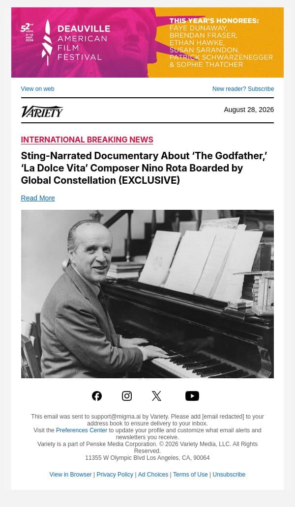Sting-Narrated Documentary About ‘The Godfather,’ ‘La Dolce Vita’ Composer Nino Rota Boarded by Global Constellation (EXCLUSIVE) email from Variety screenshot