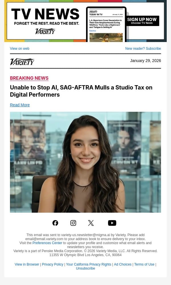 Unable to Stop AI, SAG-AFTRA Mulls a Studio Tax on Digital Performers email from Variety screenshot