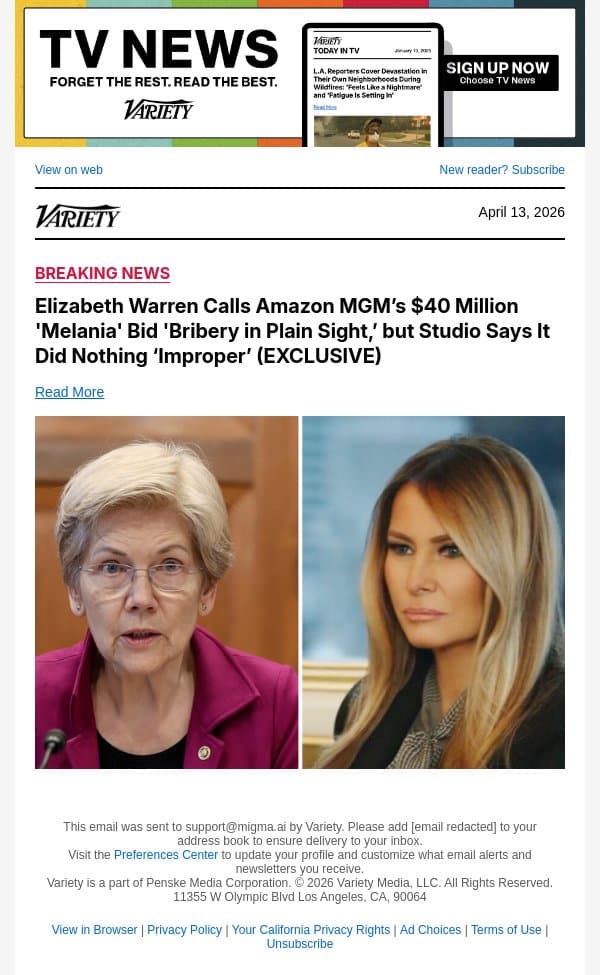 Elizabeth Warren Calls Amazon MGM’s $40 Million 'Melania' Bid 'Bribery in Plain Sight,’ but Studio Says It Did Nothing ‘Improper’ (EXCLUSIVE) email from Variety screenshot