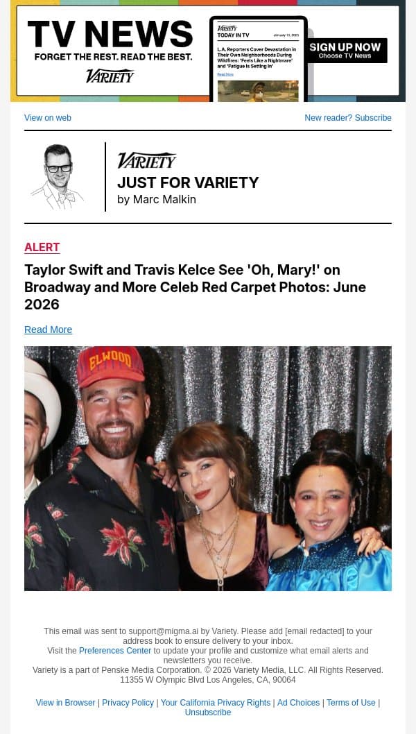 Taylor Swift and Travis Kelce See 'Oh, Mary!' on Broadway email from Variety screenshot